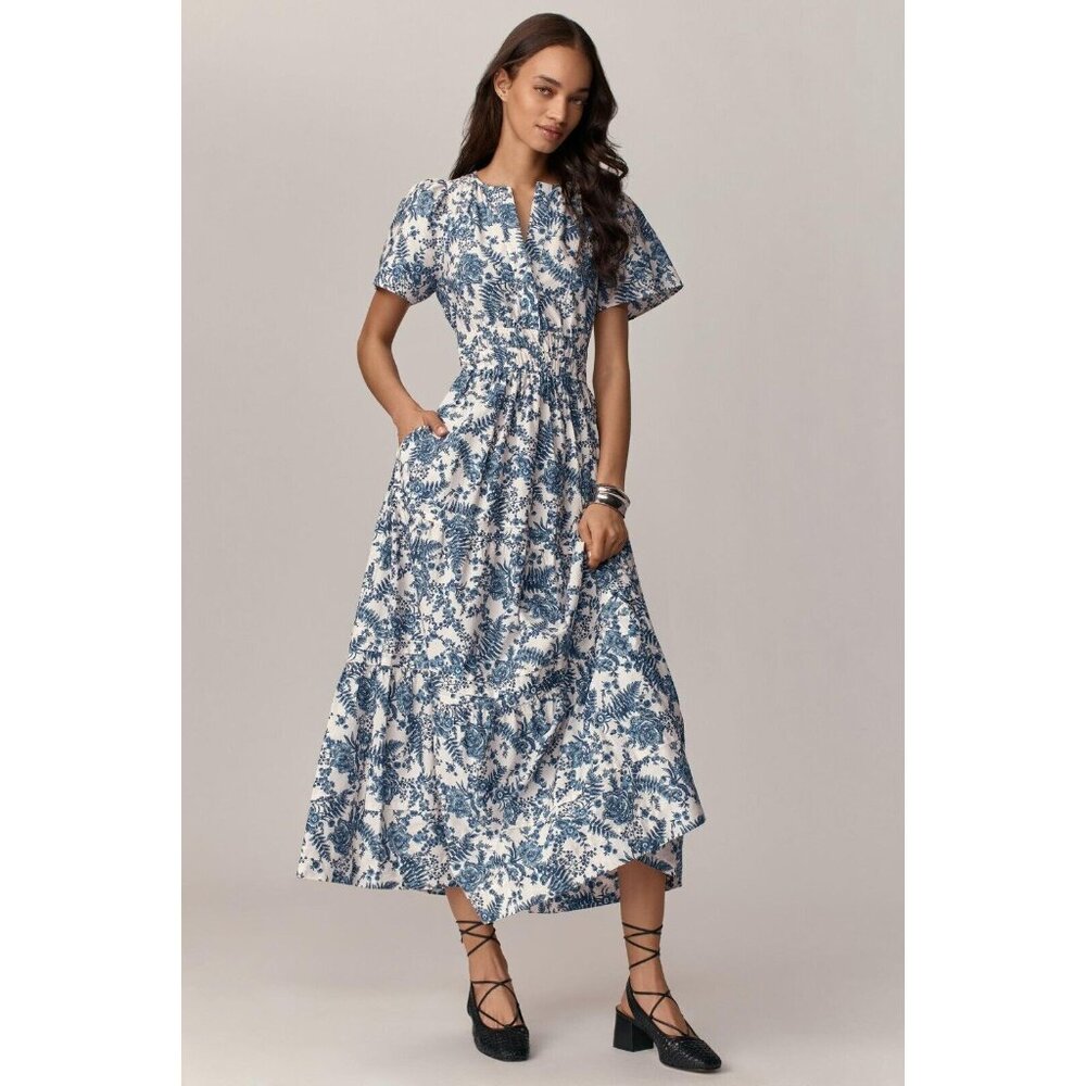 NWT Anthropologie Maeve Somerset Maxi in Ivory Blue Floral Tiered Cotton Dress S